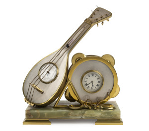 "Musical" French Industrial mantel timepiece with manual music box, barometer and thermometer, metal and brass on green onyx base, circa 1900, 36cm high