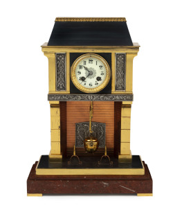 "Cooking Pot" French Industrial fireplace mantel clock, brass, metal and copper with enamel dial and rouge marble base, circa 1895, ​41cm high