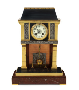 "Cooking Pot" French Industrial fireplace mantel clock, brass, metal and copper with enamel dial and rouge marble base, circa 1895, 41cm high