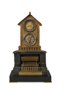 "Water Wheel" French Industrial automaton 8 day timepiece with barometer and thermometer in gilt metal case with slate base, circa 1900, 33.5cm high