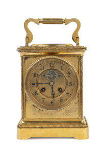 Large French Industrial carriage clock with thermometer top in gilt metal case, circa 1890, 26cm high