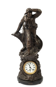 French "RESCUE" series figural spelter timepiece with enamel dial and timber base, 19th century, 65cm high