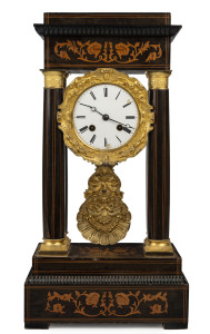 French portico clock, marquetry timber case and ormolu mounts, circa 1880, ​51cm high