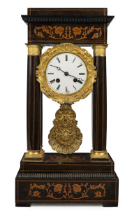 French portico clock, marquetry timber case and ormolu mounts, circa 1880, 51cm high