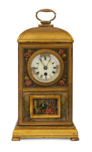 Rare French erotic automaton mantel clock, hand-painted and gilt decorated metal case with romantic couple, time piece only with manually activated automaton erotica displayed in hidden window, early to mid 19th century, with additional timber case with s