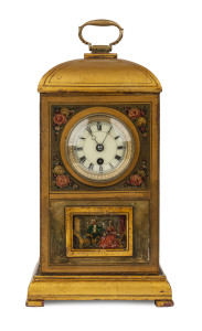 Rare French erotic automaton mantel clock, hand-painted and gilt decorated metal case with romantic couple, time piece only with manually activated automaton erotica displayed in hidden window, early to mid 19th century, with additional timber case with secret lock. movement stamped "989", 28cm high