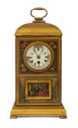 Rare French erotic automaton mantel clock, hand-painted and gilt decorated metal case with romantic couple, time piece only with manually activated automaton erotica displayed in hidden window, early to mid 19th century, with additional timber case with s