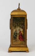 Rare French erotic automaton mantel clock, hand-painted and gilt decorated metal case with romantic couple, time piece only with manually activated automaton erotica displayed in hidden window, early to mid 19th century, with additional timber case with s - 3