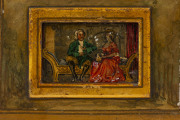 Rare French erotic automaton mantel clock, hand-painted and gilt decorated metal case with romantic couple, time piece only with manually activated automaton erotica displayed in hidden window, early to mid 19th century, with additional timber case with s - 4