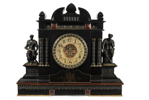 JOHN WREN Clock. An impressive French mantel clock with large visual escapement and bim-bam strike, adorned with bronze figures, black slate case engraved with a very unusual Australian coat of arms in landscape lower centre, also inlaid with rougue marbl