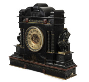 JOHN WREN Clock. An impressive French mantel clock with large visual escapement and bim-bam strike, adorned with bronze figures, black slate case engraved with a very unusual Australian coat of arms in landscape lower centre, also inlaid with rougue marbl - 2