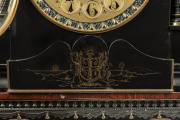 JOHN WREN Clock. An impressive French mantel clock with large visual escapement and bim-bam strike, adorned with bronze figures, black slate case engraved with a very unusual Australian coat of arms in landscape lower centre, also inlaid with rougue marbl - 3