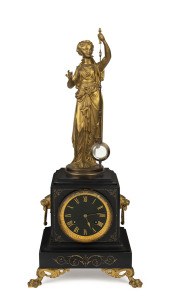 French mantel mystery clock with bronzed spelter classical figure and fittings on black slate case, circa 1875, ​62.5cm high