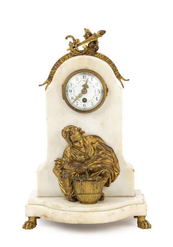 An Amusing French automaton mantel clock, white marble and gilt bronze case inscribed "Honi Soit Qi Mal Y Pense" with a figure of a young woman and removable basket of flowers revealing her obeying a call of nature (automaton mechanism can be seen behind