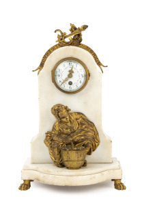 An Amusing French automaton mantel clock, white marble and gilt bronze case inscribed "Honi Soit Qi Mal Y Pense" with a figure of a young woman and removable basket of flowers revealing her obeying a call of nature (automaton mechanism can be seen behind 