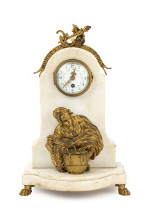 An Amusing French automaton mantel clock, white marble and gilt bronze case inscribed "Honi Soit Qi Mal Y Pense" with a figure of a young woman and removable basket of flowers revealing her obeying a call of nature (automaton mechanism can be seen behind her), late 19th century. Movement no.2650. 35cm high PROVENANCE: The Joseph M. Meraux Collection of Rare and Unusual Clocks, Sotheby's, New York, June 28th, 1993, lot 334