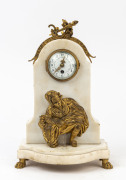 An Amusing French automaton mantel clock, white marble and gilt bronze case inscribed "Honi Soit Qi Mal Y Pense" with a figure of a young woman and removable basket of flowers revealing her obeying a call of nature (automaton mechanism can be seen behind - 2