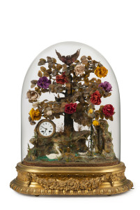 J. P. BREVETE impressive French automaton clock in glass dome on gilded base, circa 1880, adorned with three flying birds, full whistler, swimming swans and duck, water fountain and time and strike timepiece, in remarkable condition this piece was one of three such magnificent timepieces imported by Bromley Jewellers of Yass N.S.W. in the 1880's. This surviving example resided in the Yass shop for most of it's life hence the fine condition. Maker's plaque reads "J. P. BREVETE, PARIS", 79cm high,
