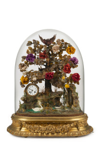 J. P. BREVETE impressive French automaton clock in glass dome on gilded base, circa 1880, adorned with three flying birds, full whistler, swimming swans and duck, water fountain and time and strike timepiece, in remarkable condition this piece was one of 