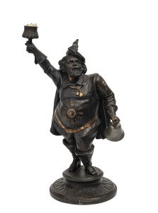 "Town Crier" French automaton figural mantel timepiece, bronze finished metal, circa 1880, dial set in the stomach with automated arm ringing the alarm bell, 35cm high