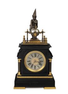 YOUNG WIZARD French chiming clock with automaton figural top, slate, bronze and ormolu with silvered dial, circa 1860, three train movement with duplex springs, top adorned with a nest of 4 bells which are struck by the wizard figure on the quarter hour. Retailed by DENIS BROTHERS, MELBOURNE. Rare. “Mystery, Novelty & Fantasy Clocks” by Derek Roberts. 64cm high