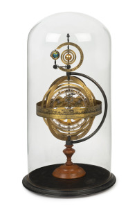 An Orrery Armillary Sphere, double train fusee movement on chalice stand housed in a spectacular glass dome, French, early to mid 20th century, the Orrery 63cm high, the dome 75cm high