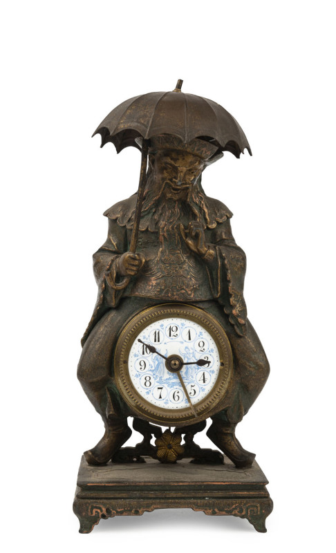 French novelty alarm clock with Chinese gilt cast metal figure and pictorial enamel dial, circa 1900, 27cm high