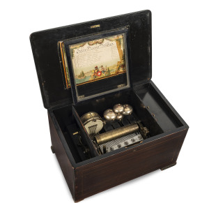 Swiss 8 airs music box with 4 bells and drum and lithograph tune sheet, walnut case, 19th century, 26cm high, 46cm wide, 29cm deep