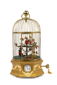 French singing birdcage timepiece with two birds, 19th century, full whistle, setting for intermittent. 50cm high