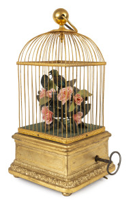 French singing birdcage automaton with one bird in fine gilded cage, 19th century, 45cm high