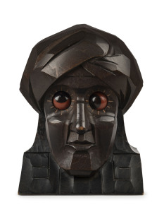 OSWALD German Art Deco novelty carved wooden Arab clock with revolving eyes, circa 1926, ​16cm high