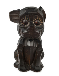 OSWALD German Art Deco novelty carved wooden sitting dog clock with revolving eyes, circa 1926, 20cm high