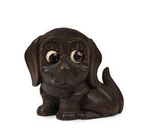 OSWALD German Art Deco novelty carved wooden small puppy dog clock with revolving eyes, circa 1926, 10.5cm high