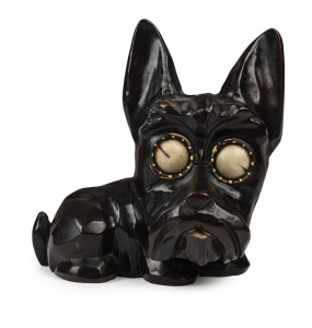 OSWALD German Art Deco novelty carved wooden small dog clock with revolving eyes, circa 1926, 14cm high