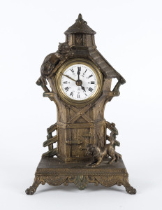 French cat and dog novelty alarm clock, gilded cast metal, circa 1900, 28cm high