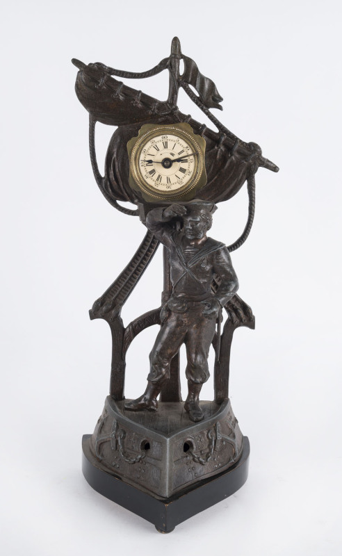 French "Sailor", novelty alarm clock, bronze finish cast metal case, circa 1890, ​49cm high