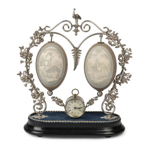 Australiana mantel clock, silver plate with carved emu eggs, Ansonia Little Bee movement, 19th century, 36cm high