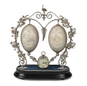 Australiana mantel clock, silver plate with carved emu eggs, Ansonia Little Bee movement, 19th century, ​36cm high