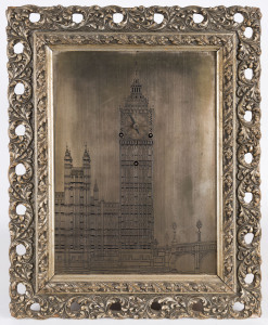 "Big Ben" picture clock with engraved metal dial, quarter hour Westminster chime and strike, 19th century, 51cm high