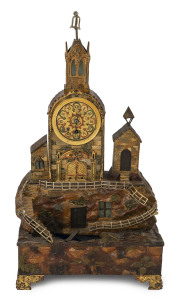 A French automaton timepiece made for the Spanish market, circa 1830, painted bronze finish with silk thread movement and fancy dial. Separate movement in the base drives the water wheel and simulated stream, as well as ringing the bell in the tower. Rare. 48cm high