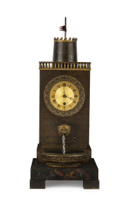 French automaton watershed and fort mantel clock, 19th century, bronze finished case with machined gilt dial and Roman numerals, 49cm high