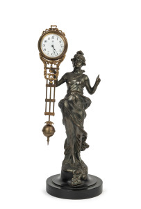 DIANA Mystery clock by Junghans, German, late 19th early 20th century, 8 day brass cased time piece, bronze finished statue on ebonized metal plinth, 34.5cm high