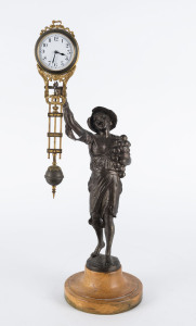 ONION BOY Mystery clock by Junghans, German, late 19th early 20th century, 8 day brass cased time piece, white metal statue standing a wooden base, 40cm high