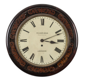 ROYAL EXCHANGE English fusee wall clock with inlaid timber case, dial marked "ALLDRIDGE", 19th century, 44cm diameter