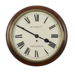 "W.H.ARNOTT YARRAWONGA" English fusee wall clock, 19th century, Arnott was the local jeweller in the Victorian town of Yarrawonga. This clock hung in the bar of Burkes Royal Mail Hotel in Yarrawonga for many years, 34cm diameter