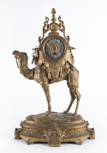 French spelter camel clock timepiece sculpted after ANTOINE-LOUIS BARYE, 19th century, 43cm high