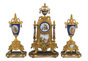 French 3 piece clock set, gilt metal with Sevres porcelain mounts, 19th century, 45cm high