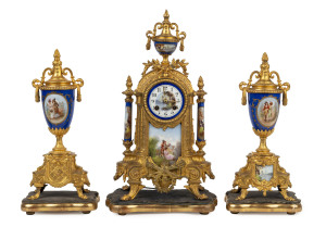 French 3 piece clock set, gilt metal with Sevres porcelain mounts, 19th century, ​45cm high