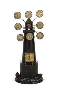 World Time Clock in the form of a windmill with 8 subsidiary dials, metal case, by Junghans, Germany, circa 1900, 57cm high