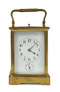 A French alarm repeater carriage clock in brass case, 19th century, 18cm high